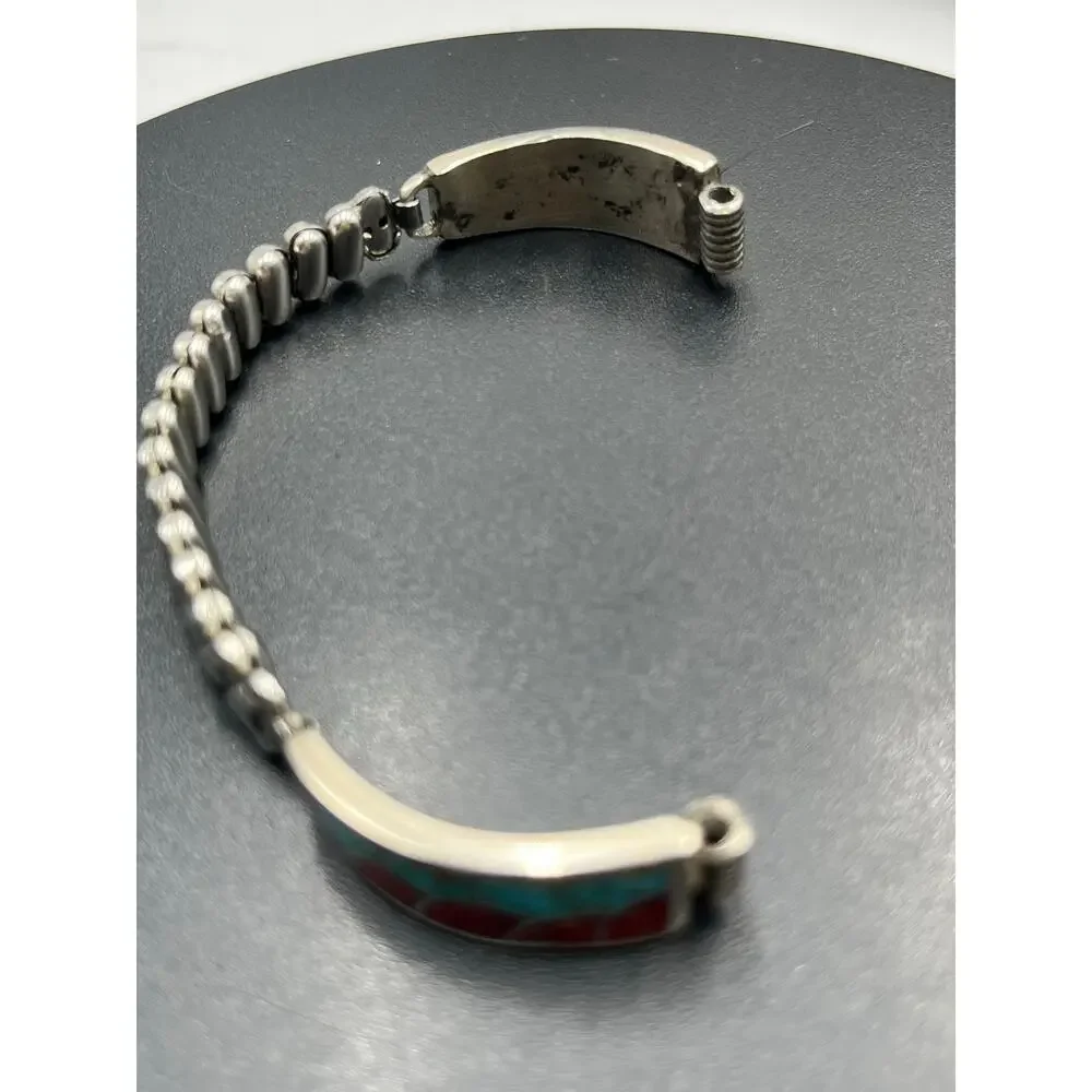 Vintage Native‎ American Sterling Turquoise Coral Expandable Watch Band Bracelet